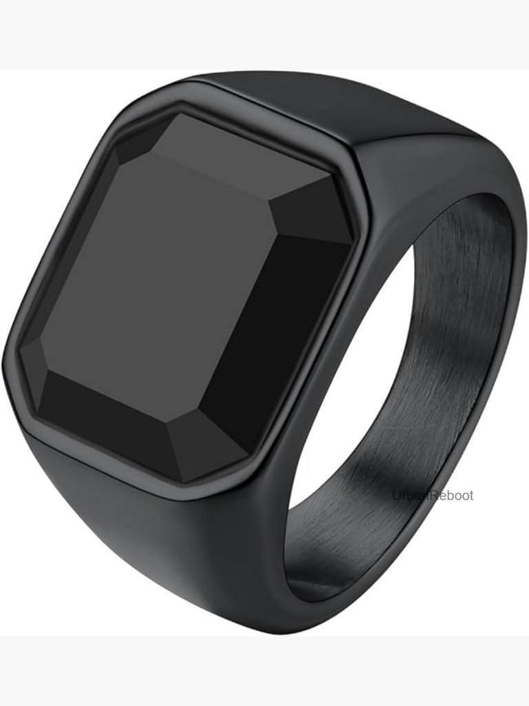 Men's Black Onyx Signet Ring Stainless Steel Square Gemstone